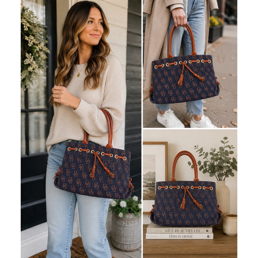 Dooney & Bourke Signature DB Canvas Leather Drawstring Tote Shoulder Bag Navy